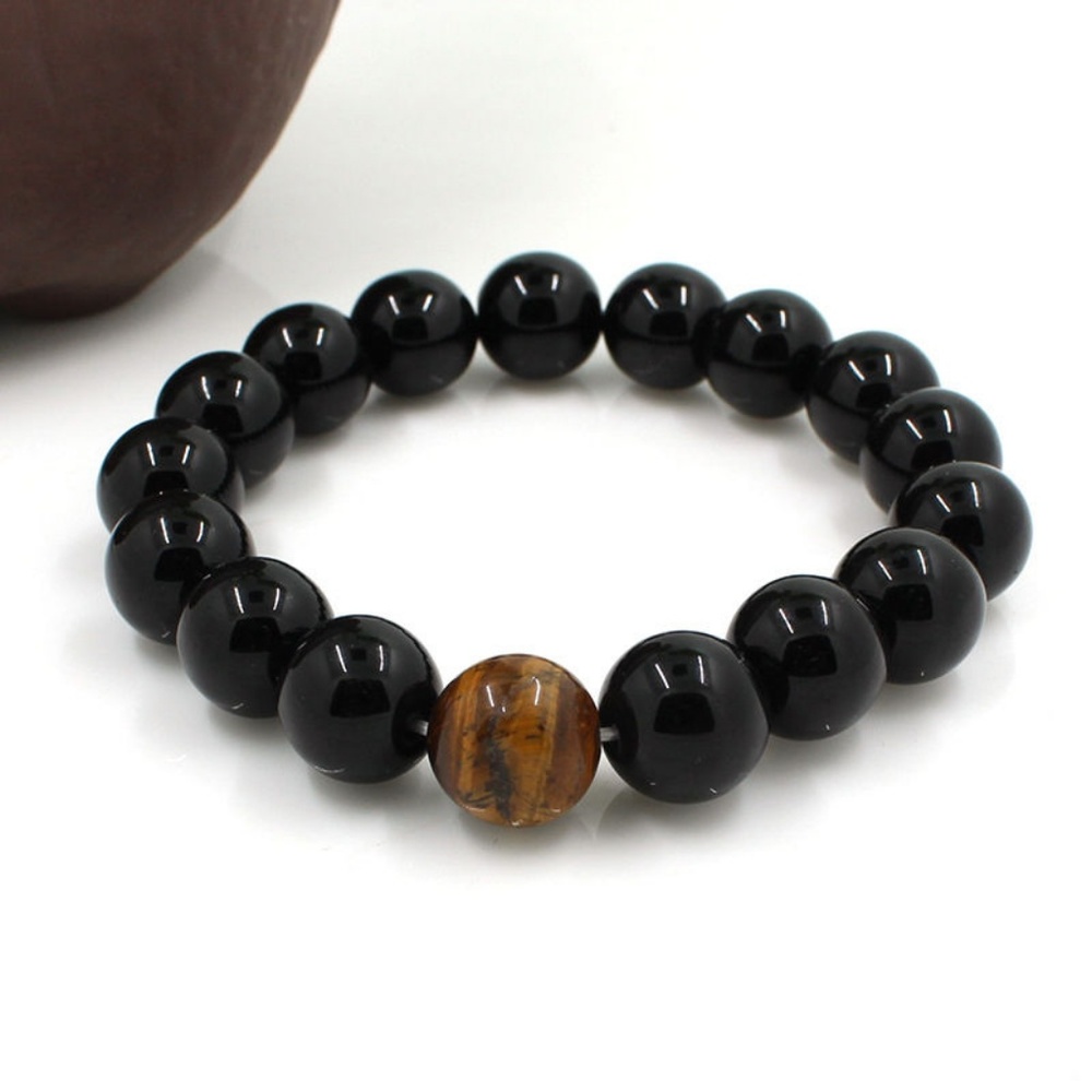 Mens Tiger's Eye Black Agate Bead Stretch Bracelet - Picture 5 of 8